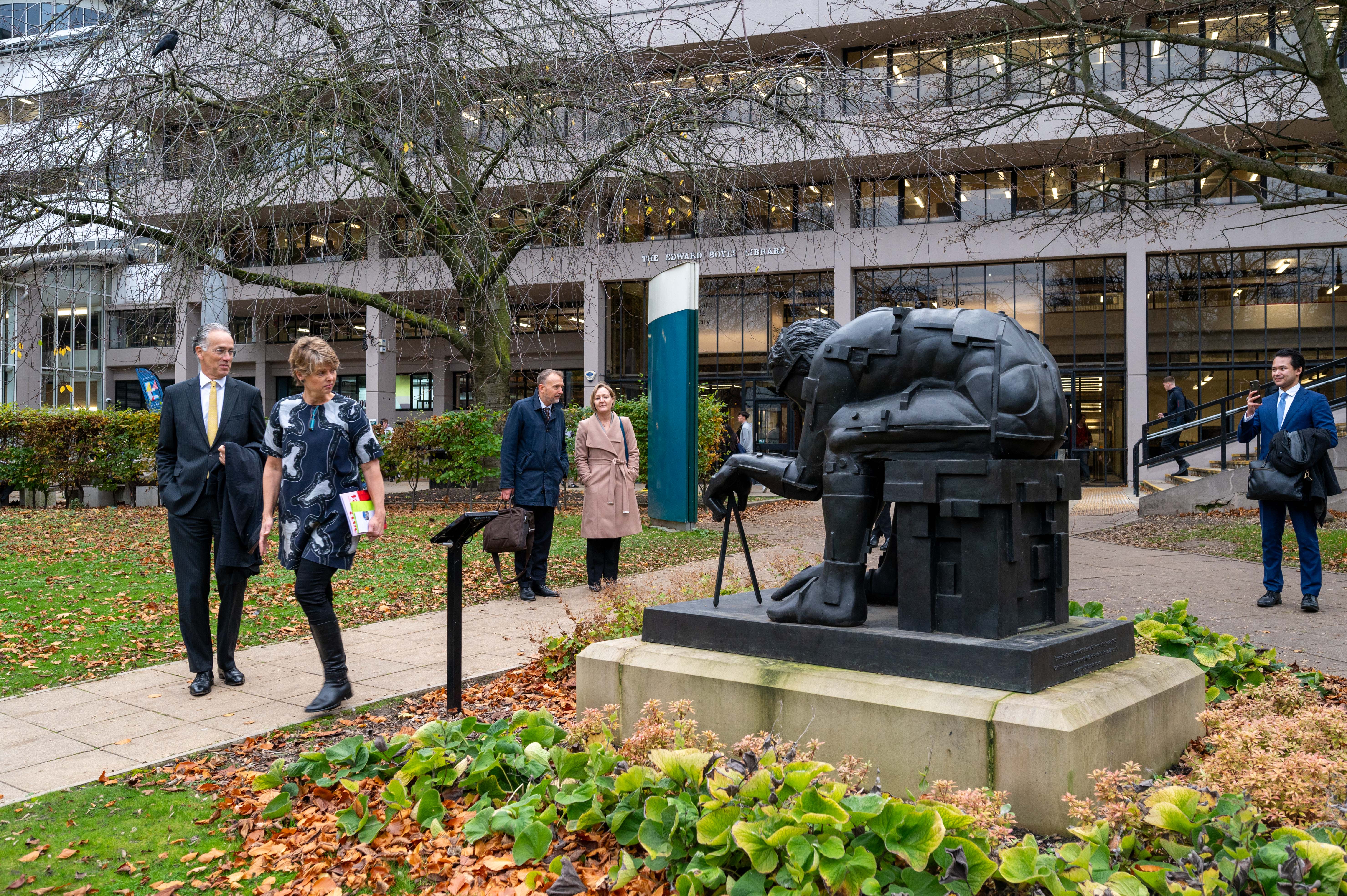 Ambassasdor Paul Huijts, Professor Julia Bennell and Wieke Eringa at the University of Leeds. Photo by Mark Bickerdike. 