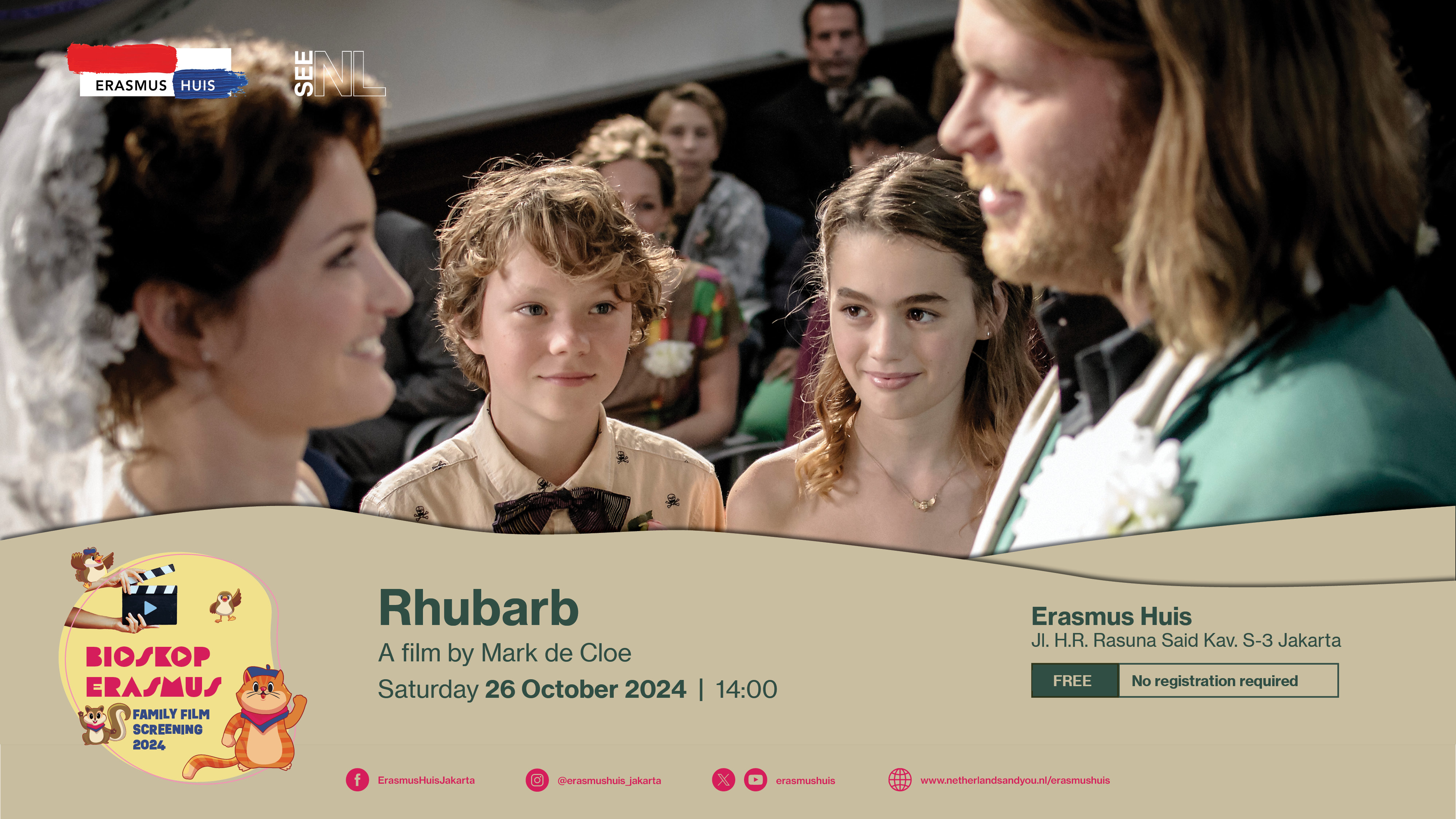 Flyer with photo still from Rhubarb, with two children at their parents' wedding