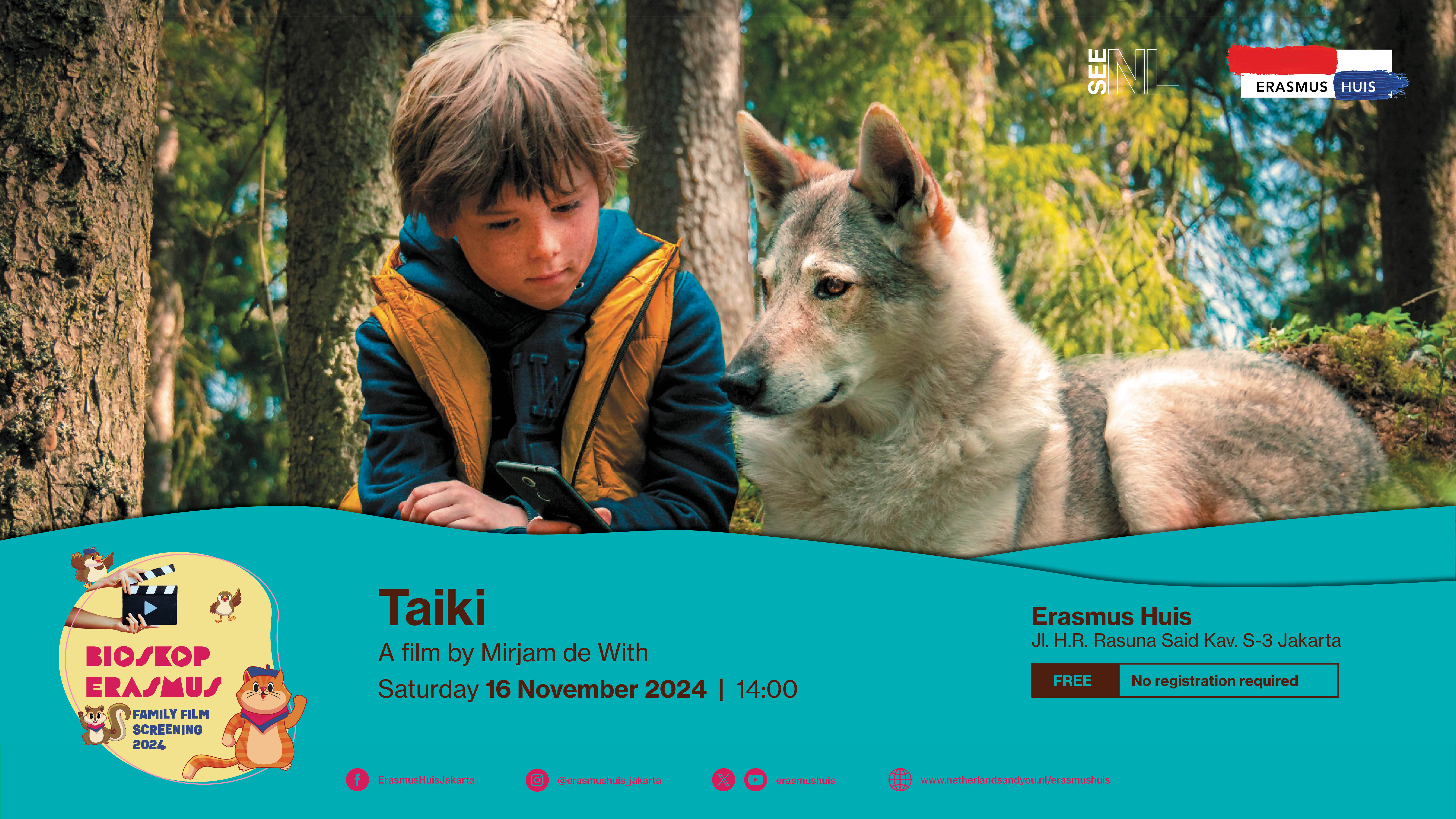 Flyer of Taiki, with a film still of a boy holding a mobile phone sitting next to a fox