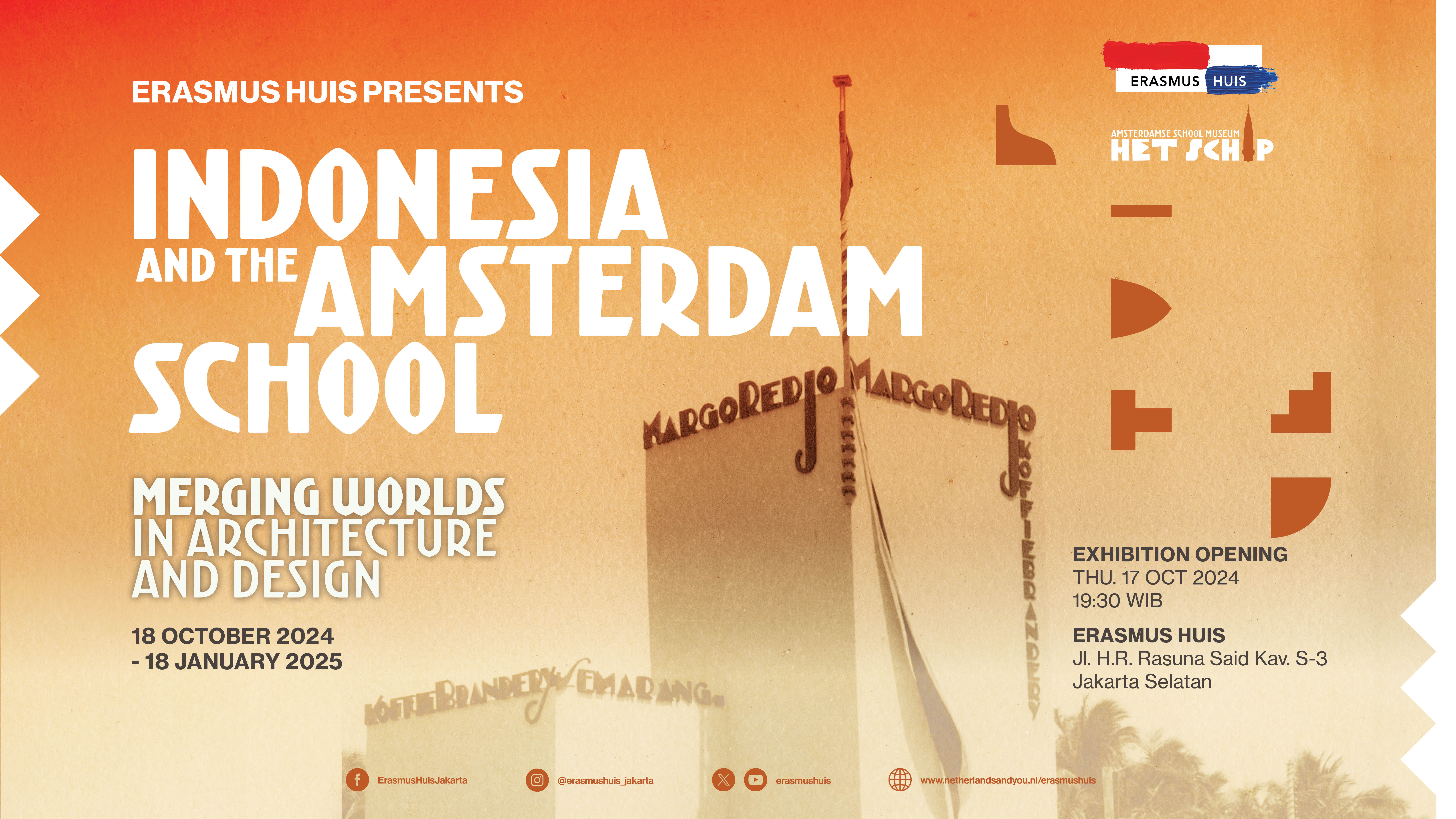 Flyer of Indonesia and the Amsterdam School Exhibition, with a background image of Margoredjo Koffie Brander in Semarang