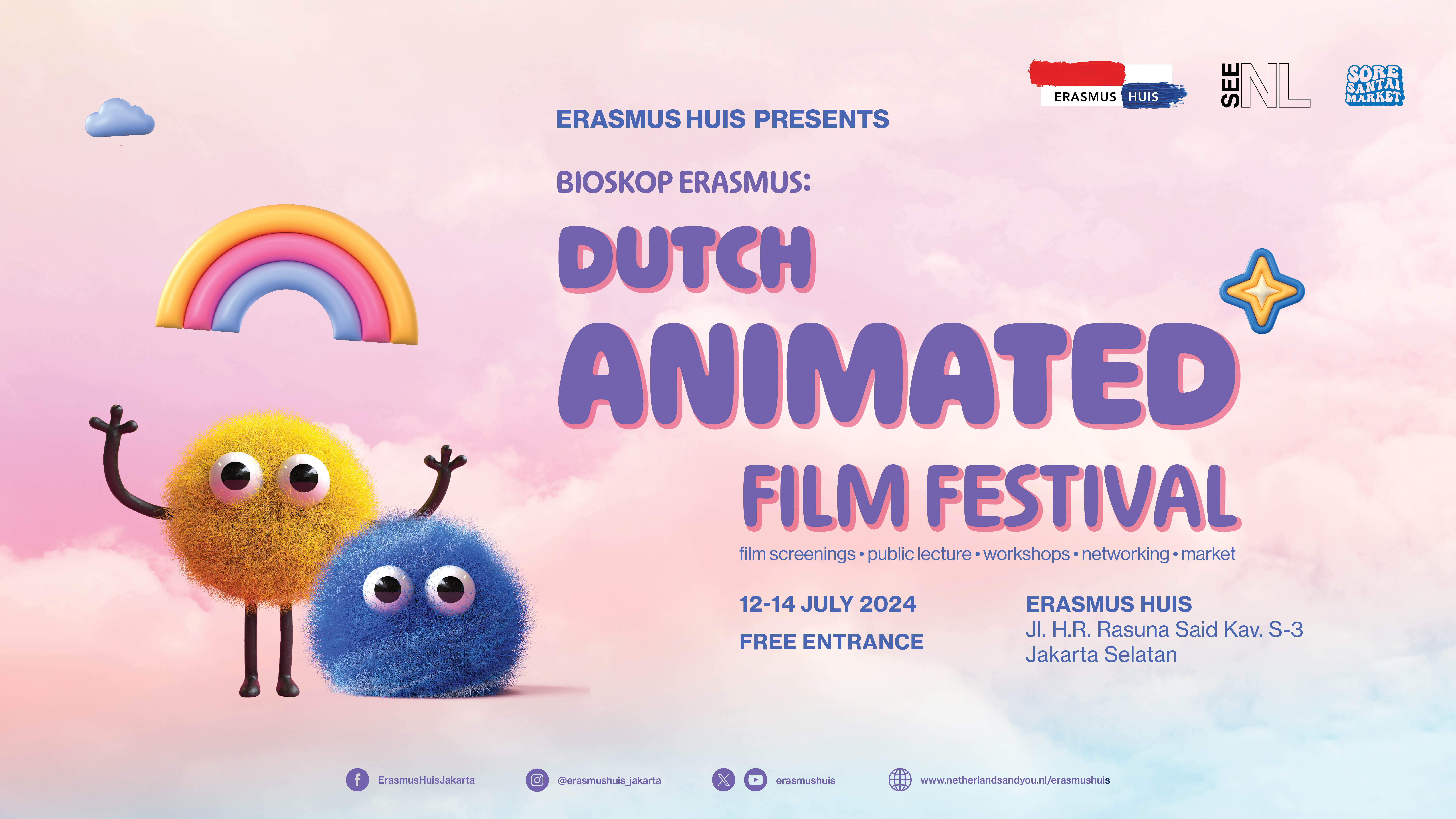 Poster of Dutch Animated Film Festival, with two furry balls with eyes and limbs, rainbow, and a star, with a background of baby pink and blue clouds 