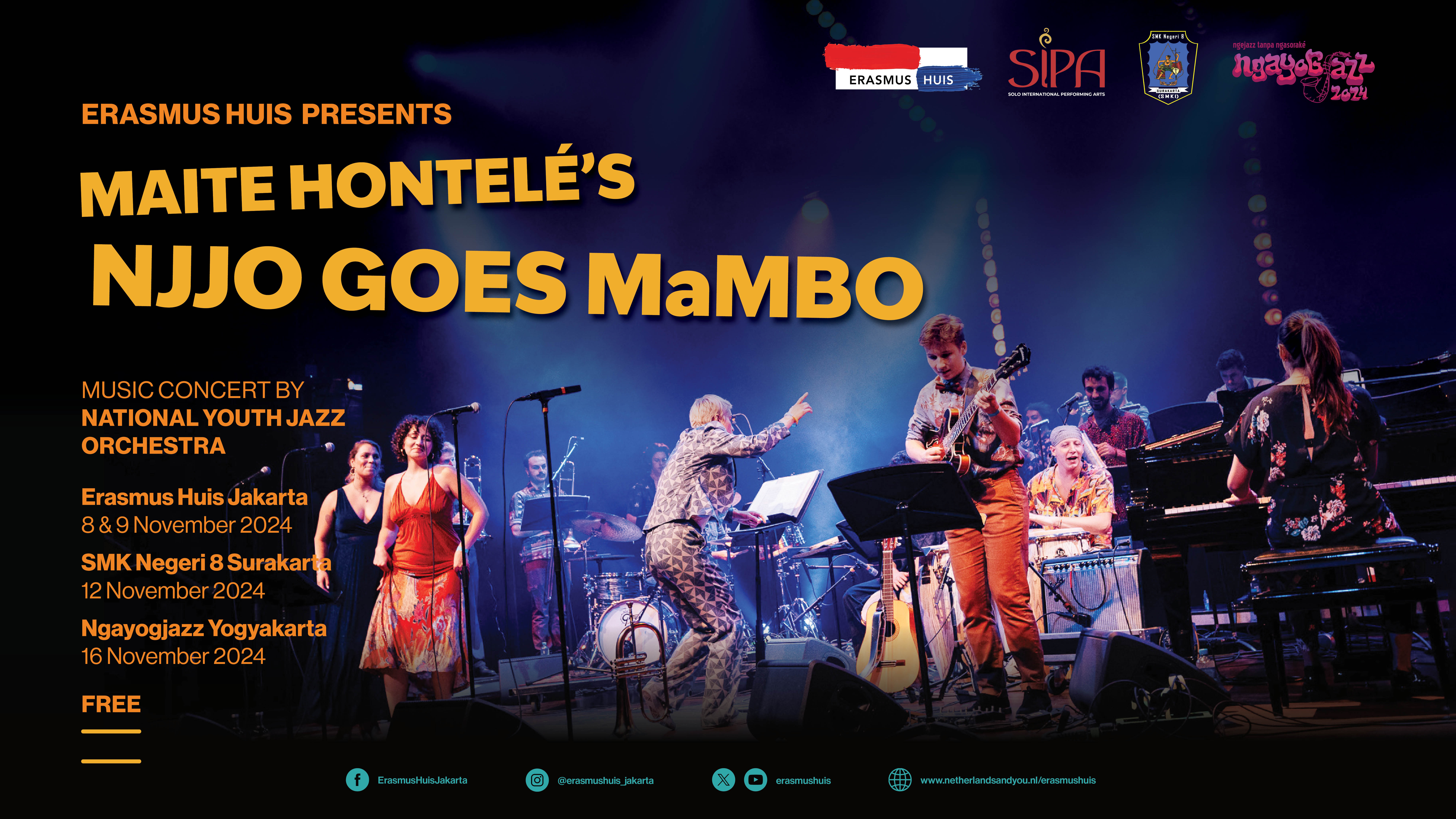 Flyer of event, with photo of Maite Hontele and NJJO performing on stage