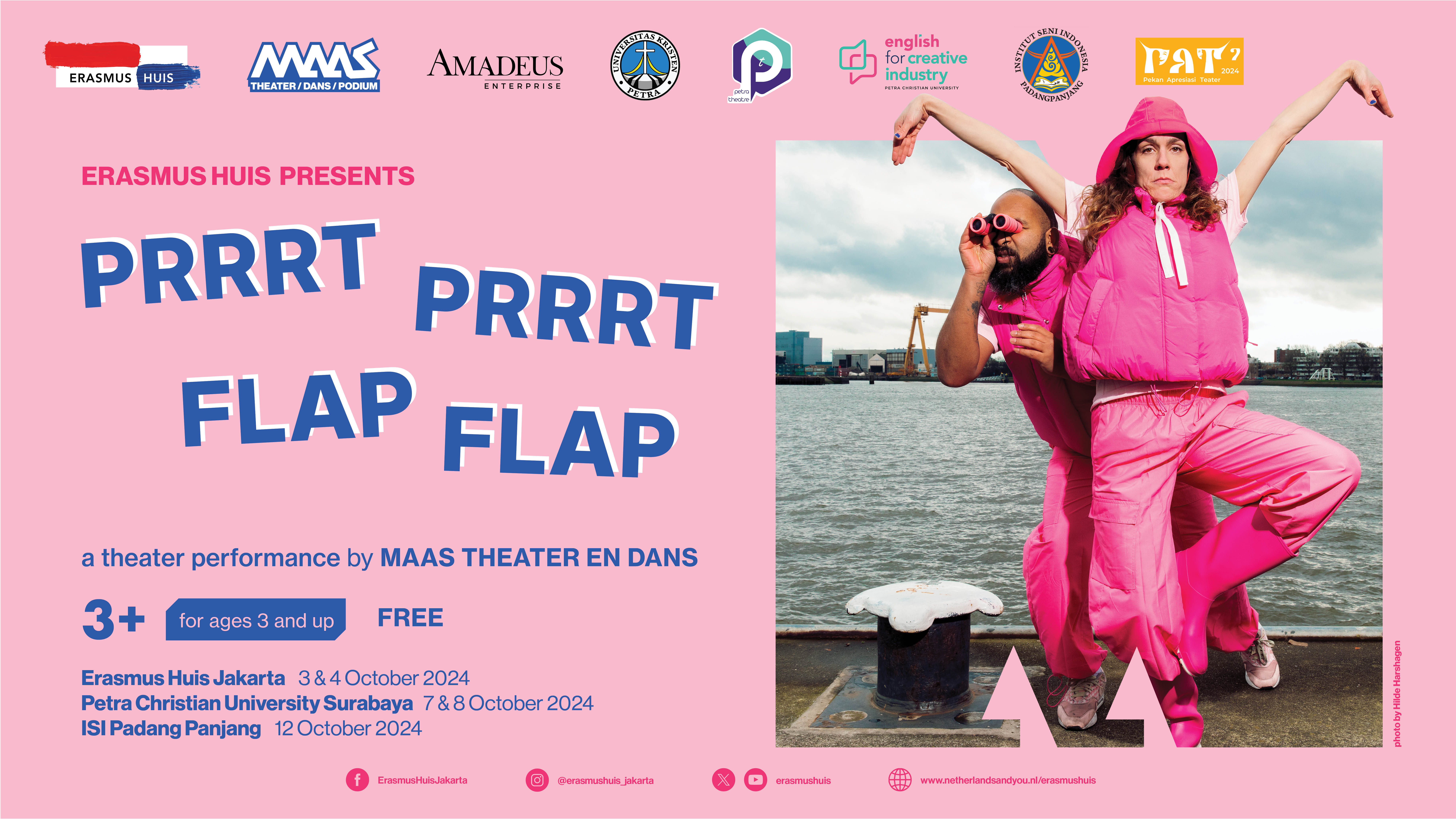 Flyer of Prrrt Prrrt Flap Flap by Maas Theater en Dans with schedule in Jakarta, Surabaya and Padang Panjang