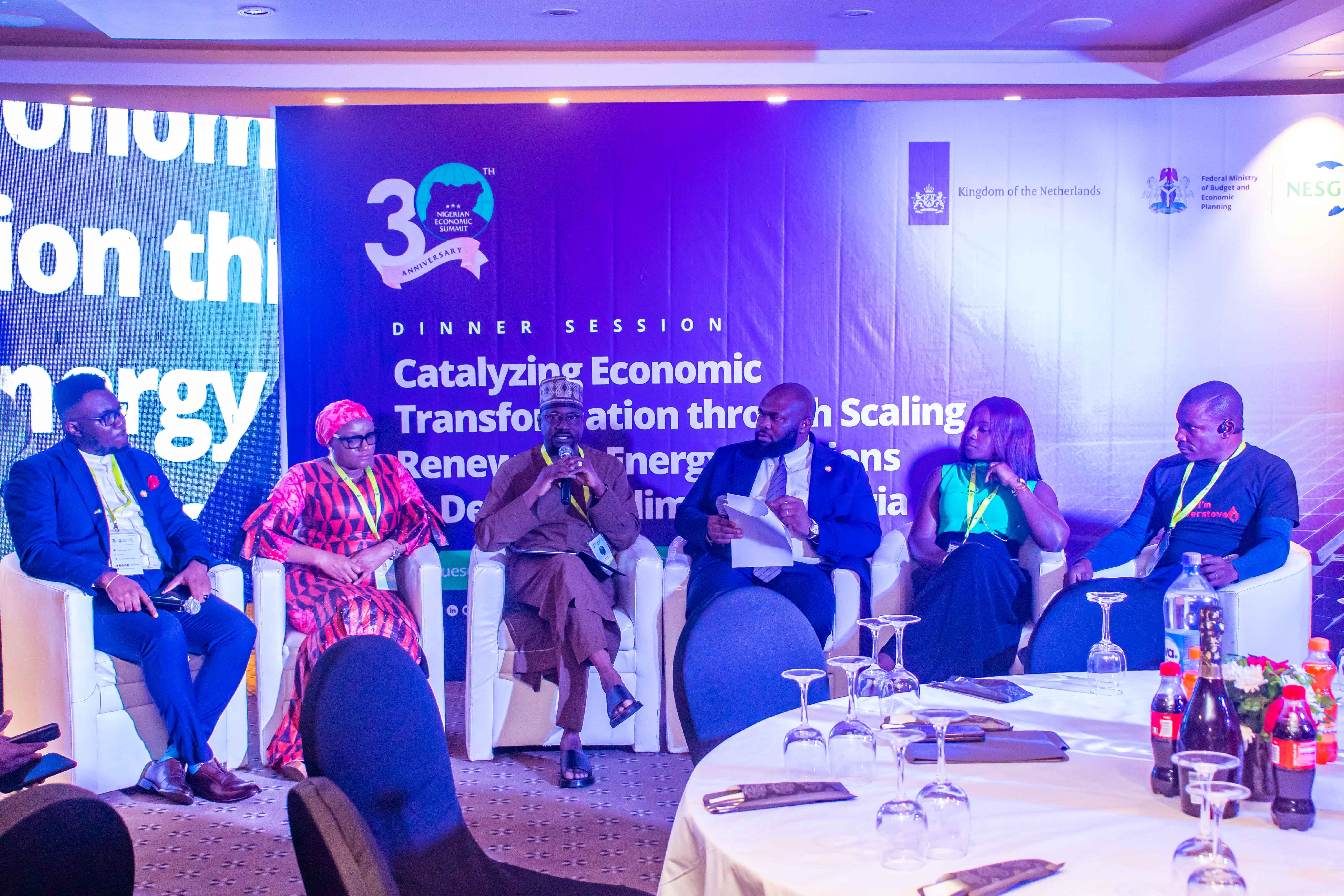 Panel discussion: L-R Chimereze Nwosu of GIZ Nigeria, Habiba Ali of Sosai Renewables Nigeria, Abba Abubakar Aliyu of the Rural Electrification Agency (REA) of Nigeria, David Arinze a renewable energy specialist, Ms. Susan Essien from SNV Netherlands Development and Okey Esse of Powerstove Limited