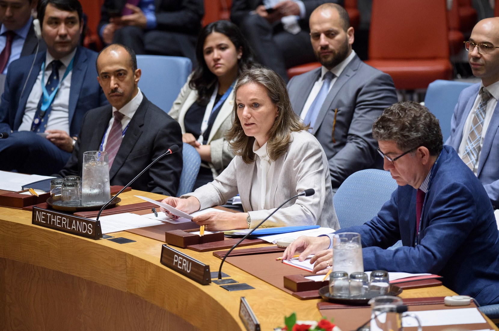 ©UN | Photo Lise Gregoire-van Haaren addresses the UN Security Council on the protection of civilians in armed conflict. In 2018, the Kingdom of the Netherlands was an elected member of the Security Council and Lise served as Deputy Permanent Representative.